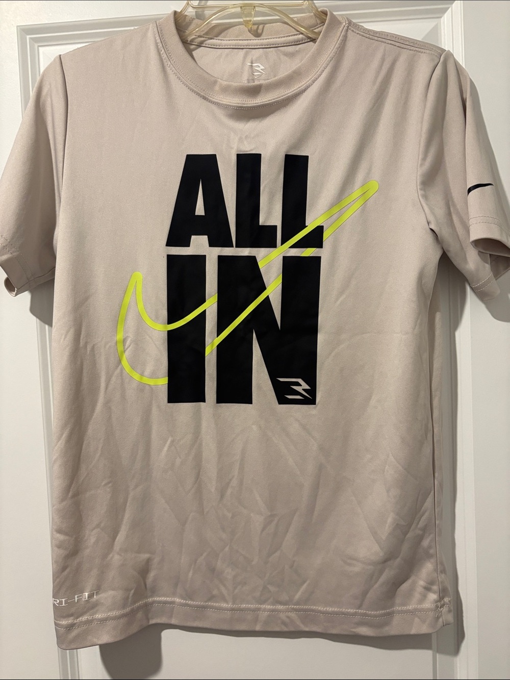 Nike Men’s Short-Sleeve 'ALL IN' Tee in Light Beige with Neon Yellow Swoosh